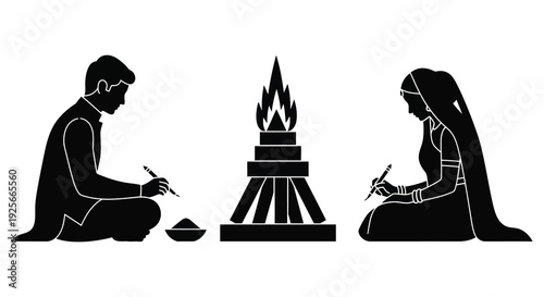 Ritualistic scene with two figures and a pyre depicted in silhouette