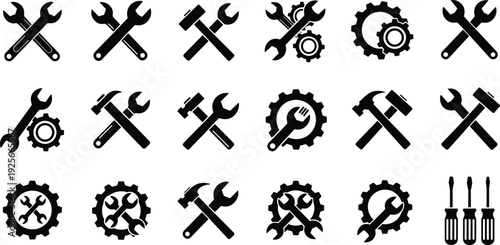 Industrial repair tool icons set, black silhouette wrenches hammers gears and screwdrivers vector illustration, maintenance service signs and workshop equipment symbols.