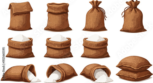 Set of rustic burlap sacks and jute bags filled with white flour or salt powder in various upright, tied, and spilled positions on white.