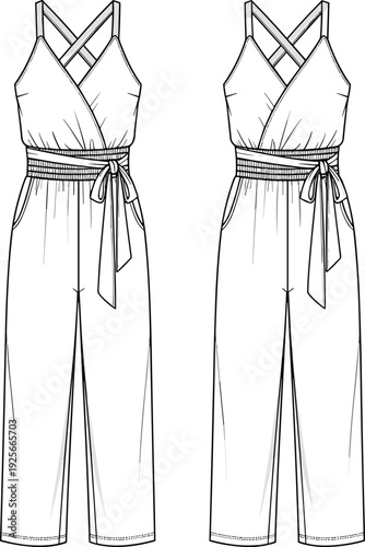 Women's sleeveless wrap jumpsuit technical flat sketch, tie waist wide leg romper CAD drawing, fashion vector illustration template, CAD drawing flat vector illustration.