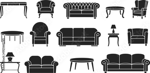 Black and white line of vintage furniture including sofas, armchairs, tables, and lamps line vintage furniture