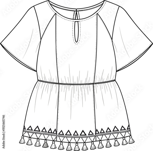 Women's bohemian tassel fringe peplum blouse technical flat sketch, flutter sleeve top CAD drawing, fashion vector illustration, cad drawing flat vector illustration.