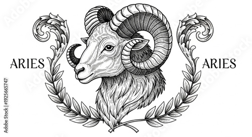 Ram head with Aries zodiac sign and laurel wreath.
