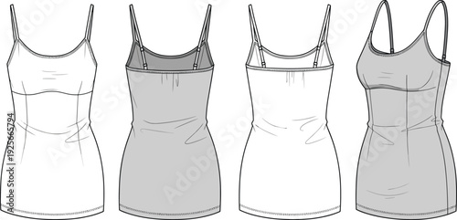 Women's camisole top technical flat sketch, spaghetti strap undershirt CAD drawing, front and back view fashion vector illustration, slim fit tank.