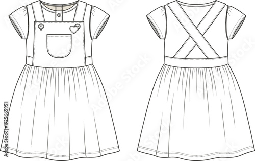 Girls' pinafore dress with t-shirt technical flat sketch, kids' jumper dress CAD drawing, children's fashion vector illustration template, cad drawing flat vector illustration.