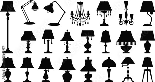 Collection of black and white lamp silhouettes including floor lamps, desk lamps, and chandeliers