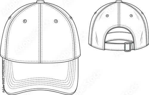 Unisex classic baseball cap technical flat sketch, adjustable dad hat CAD drawing, front and back view fashion vector illustration template, cad drawing flat vector illustration.