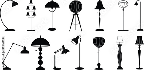 Collection of black and white lamp including floor lamps, table lamps, and wall lamps