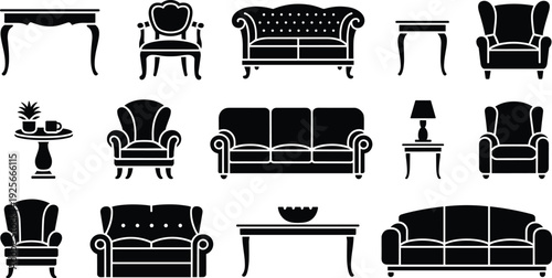 Collection of black and white vintage furniture including sofas, chairs, tables, and lamps