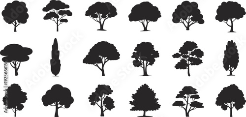 Collection of black silhouettes of various trees on a white background nature