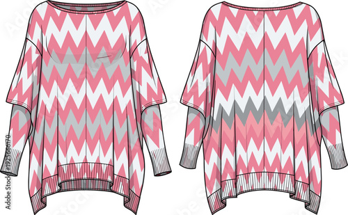 Women's oversized chevron knit tunic technical flat sketch, layered sleeve poncho sweater CAD drawing, fashion vector illustration template, cad drawing flat vector illustration.