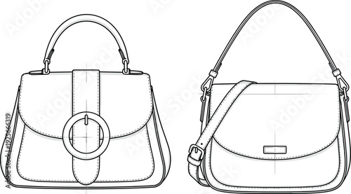 Women's fashion handbag technical flat sketch, leather shoulder bag CAD drawing, crossbody purse vector illustration template, cad drawing flat vector illustration.