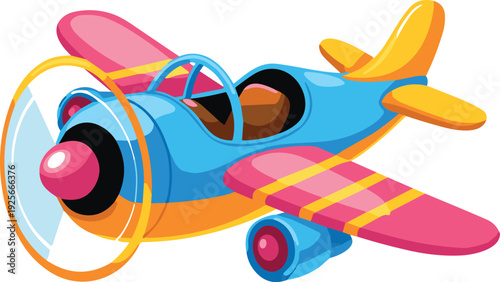Colorful cartoon airplane with a large propeller and open cockpit flying in the sky blue pink
