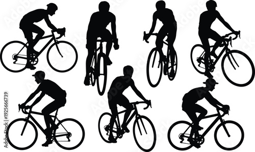 Silhouettes of cyclists riding bicycles in various positions on a white background black