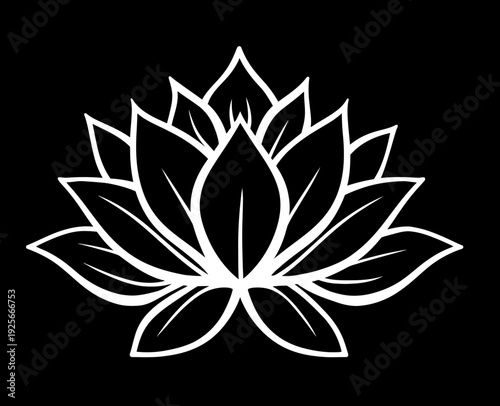 Elegant white lotus flower illustration on black background, a symbol of purity, tranquility, meditation, and spiritual growth