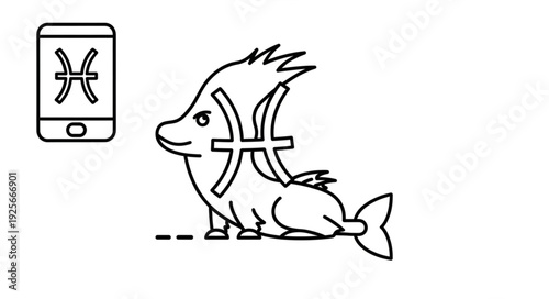 Pisces Zodiac Symbol on Cute Cartoon Animal and Phone.