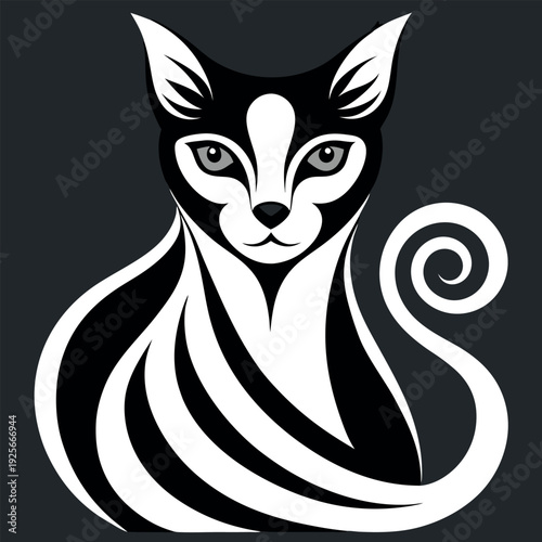 Black and white illustration stylized cat portrait  