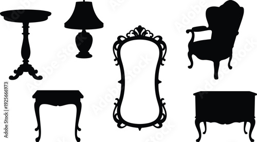 Silhouettes of vintage furniture and decor including a table, lamp, mirror, bench, and armchair against a white background