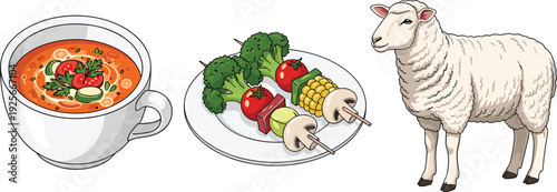 Vector set featuring a bowl of tomato soup, grilled vegetable kabobs on a plate, and a white sheep isolated on white background.