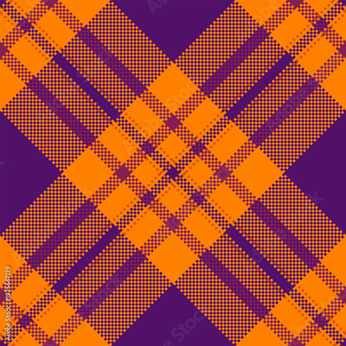 Eyecatching orange and purple pixel art plaid pattern offers a modern twist on classic tartan. Ideal for Halloween backgrounds, festive fabric designs, and creative seasonal projects.