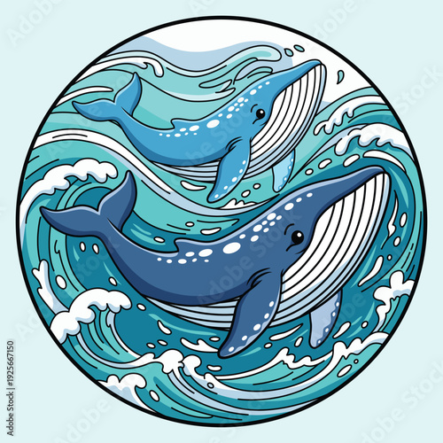 Two Blue Whales Swimming in Ocean Waves – Circular Vector Illustration