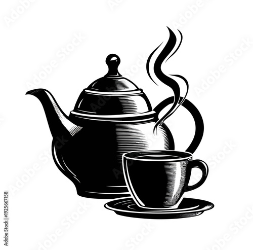 Detailed black and white illustration of a steaming teapot next to a hot teacup and saucer. Traditional hot drink art.