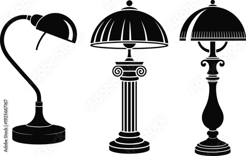 Three black and white lamps with different on a white background lampshade desk lamp