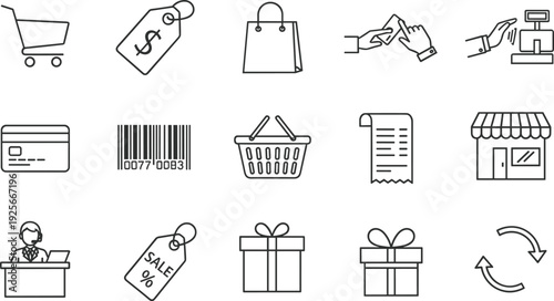Retail Shopping and Ecommerce Line Icons Set Featuring Shopping Cart, Sale Tags, Payment Checkout, Barcode, Storefront, Gift Box and Customer Purchase Experience Concepts