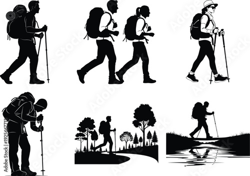Silhouette hiking adventure vector icon pack with travelers trekking mountains rivers and camping activities black and white