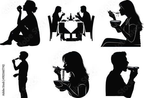 Silhouette vector icon pack of people using smartphones and dining together in modern flat design style