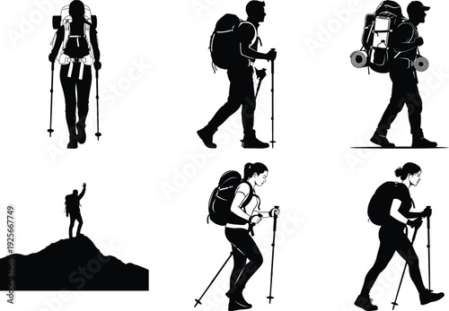Silhouette hiking adventure vector icon pack, mountain trekker climber set, outdoor sports activity black and white illustrations, minimalist travel concept