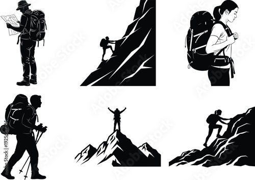 Silhouette vector icon pack of hikers and adventurers trekking mountains with backpacks and gear minimalist black and white design
