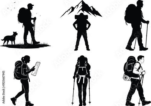 Silhouette hiking vector icon pack with backpackers, trekkers, dog, and camping gear on white background