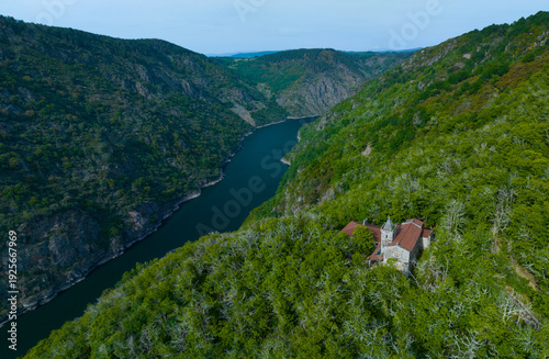 Aerial view from a drone of the Benedictine Monastery of Santa Cristina de Ribas de Sil in Parada del Sil, Ribeira Sacra, Ourense, Galicia, Spain, Europe