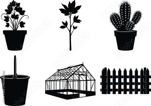 Silhouette vector icon pack of gardening plants and tools minimalist black line art set for design
