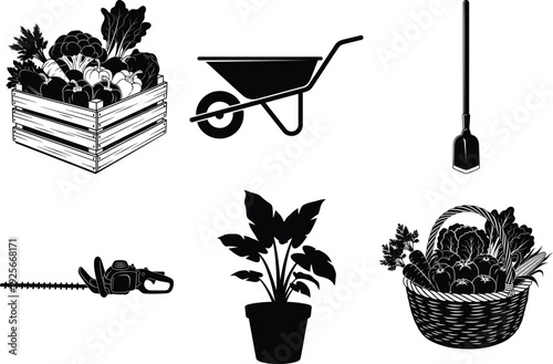 Gardening Tools Silhouette Vector Icon Pack Set with Plants and Wheelbarrow Minimalist Black Line Art