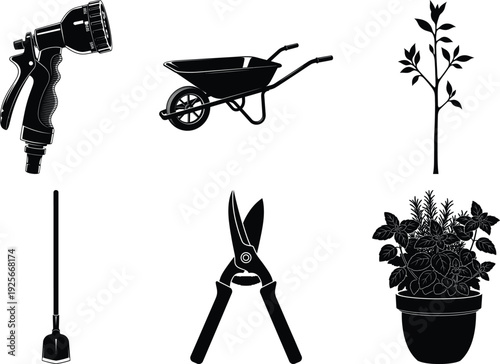Gardening Tools Silhouette Vector Icon Pack Set Black and White Minimalist Line Art Illustration