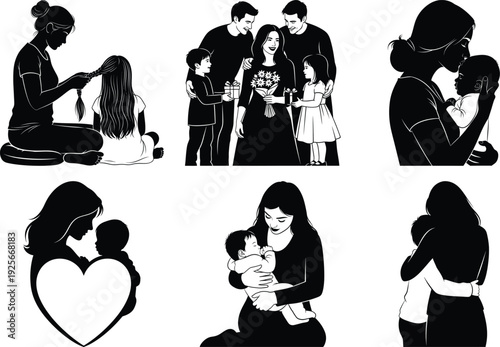 Family love silhouette vector icon pack, mother child bonding moments black and white minimalist design, parenting care affection flat style illustrations, commercial use graphics