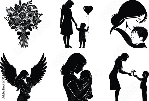 Family love silhouette vector icon set with mother child angel wings heart balloon and hugs black and white illustrations
