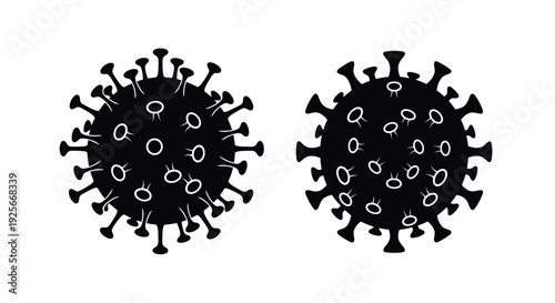 Two black coronavirus illustrations depict the virus structure with spikes