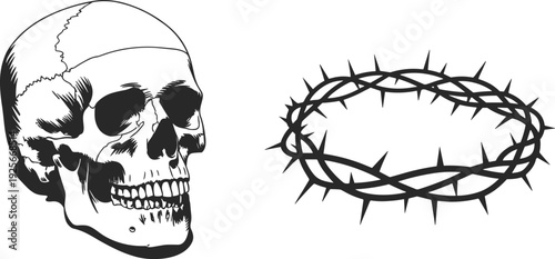 Black and white of a skull and a crown of thorns detailed sharp