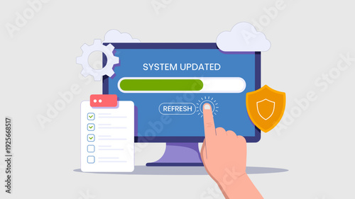 Hand clicking refresh button on system updated interface with progress bar on desktop monitor vector illustration 
