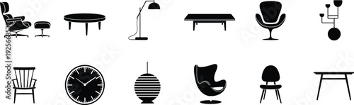 Black and white of various furniture pieces and household arranged in a grid pattern household grid