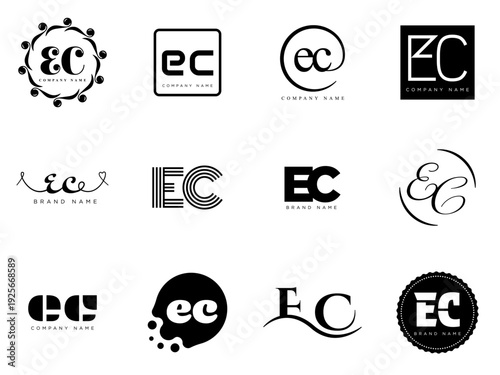 EC logo company template. Letter e and c logotype. Set different classic serif lettering and modern bold text with design elements. Initial font typography.