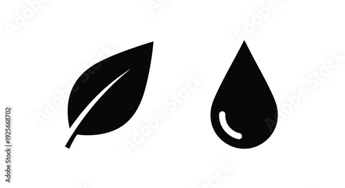 Simple graphic of a leaf and a water droplet in black