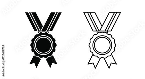 Two black and white medal icons with ribbons and circular designs