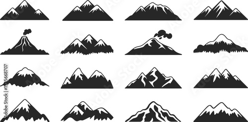 Collection of black and white mountain and volcano with various shapes and styles mountains silhouette