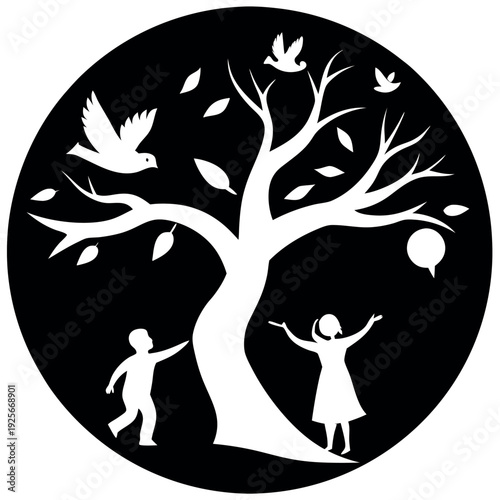 Black and white silhouette art tree with curved baby
