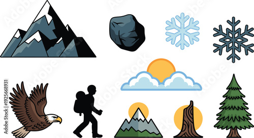 Mountain landscape with eagle, hiker, snowflakes, sun, and evergreen tree backpack