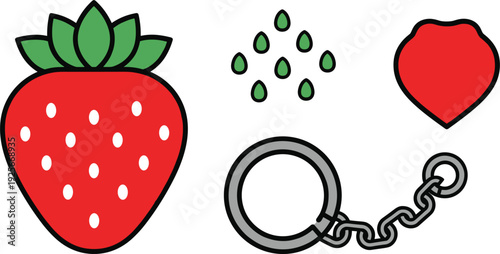 Red Strawberry Vector Illustration Set with Fruit Seeds Leaf and Metal Handcuffs with Chain Icons for Food and Security Concept
